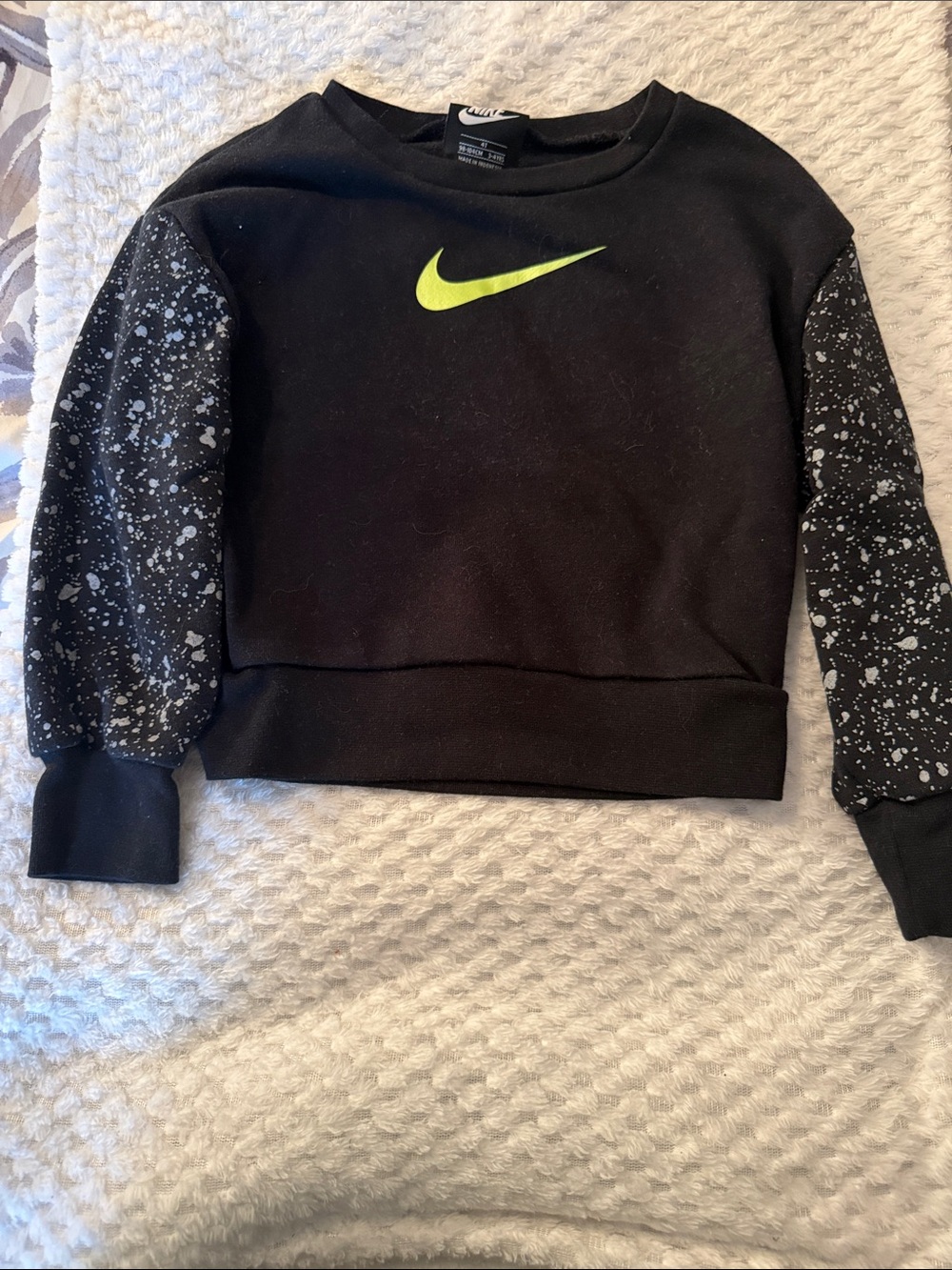 Nike Black Sweatshirt with Neon Yellow Swoosh and Black/White Speckled Sleeves